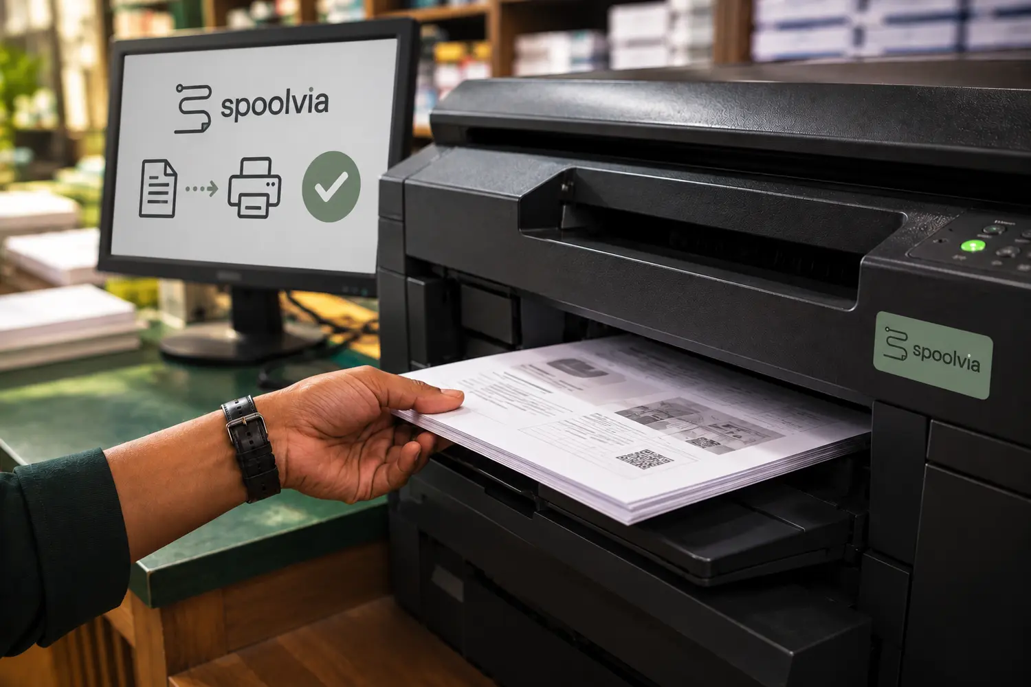 Branded illustration of the shop computer and an existing printer