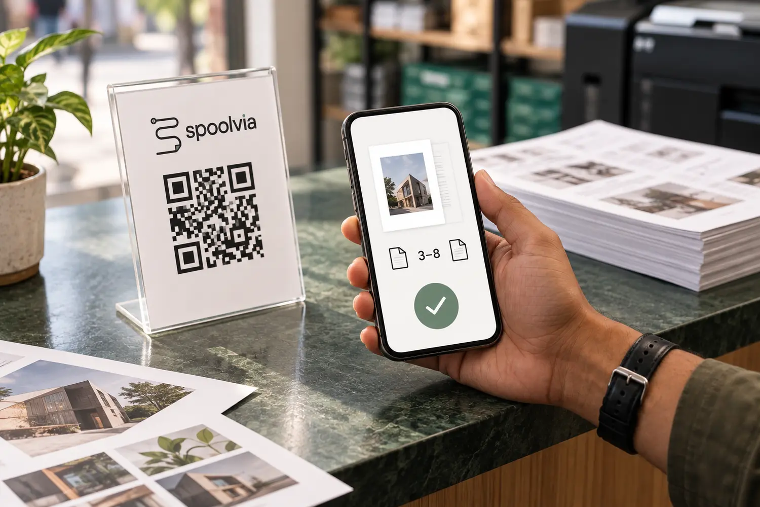 Branded illustration of a phone beside a Spoolvia QR stand