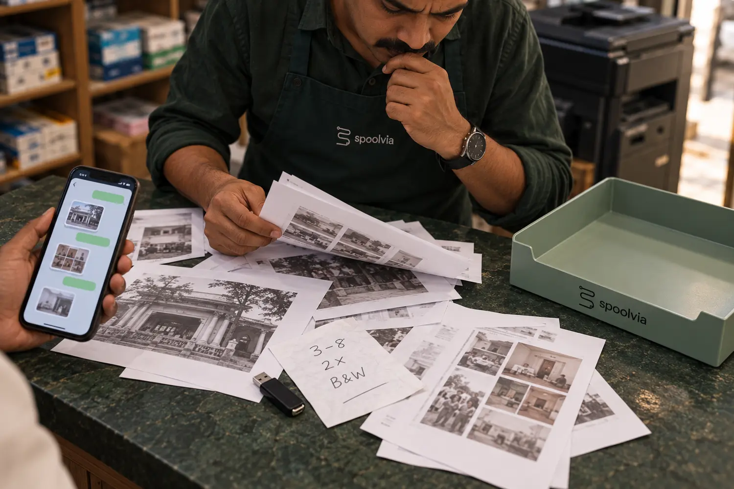 A Spoolvia shop owner matching loose print pages with phone messages and a pen drive