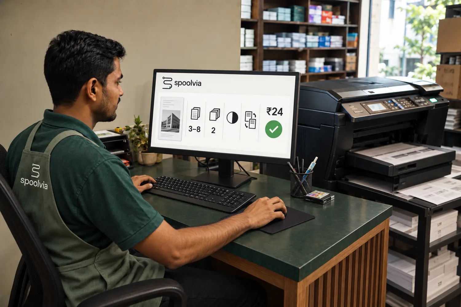 Branded illustration of a print shop owner reviewing an order at the counter