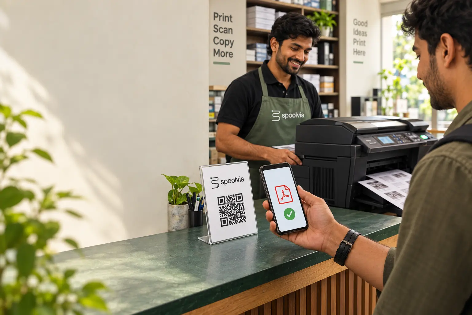 A customer scanning a branded Spoolvia QR code while an Indian print shop owner prepares the job